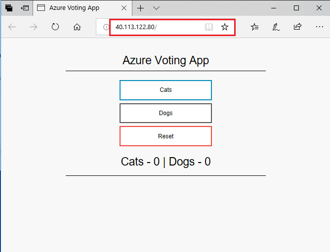 Screenshot of the deployed voting app in a web browser with the external IP address that we obtained earlier highlighted 